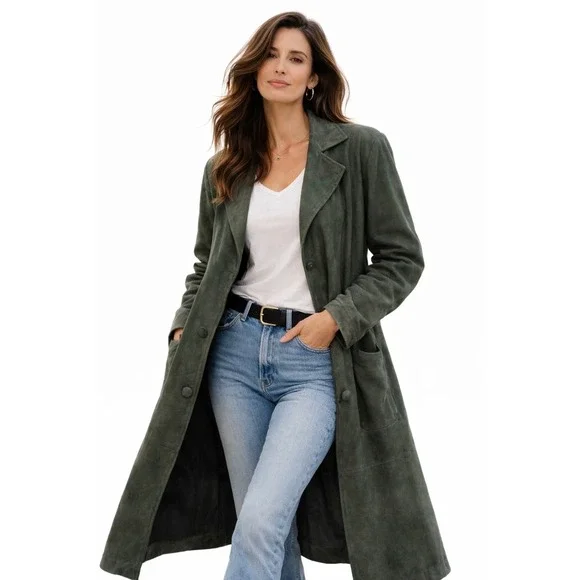 VTG Paris Sport Club Forest Green Suede Duster Coat M Oversized 80s 90s Korea - Picture 1 of 16